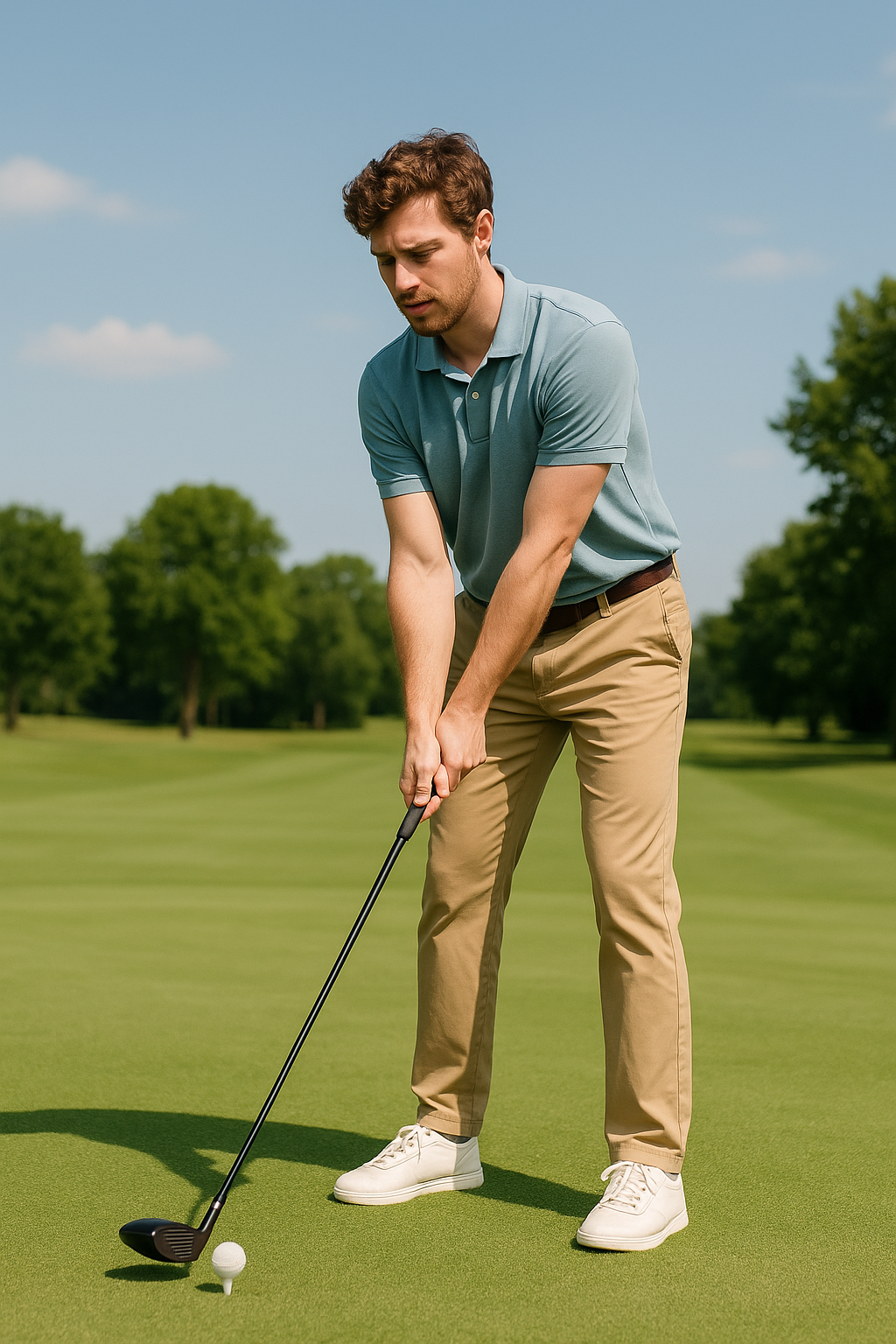 "Beginner golfer preparing to tee off on a sunny golf course, demonstrating proper grip and stance"