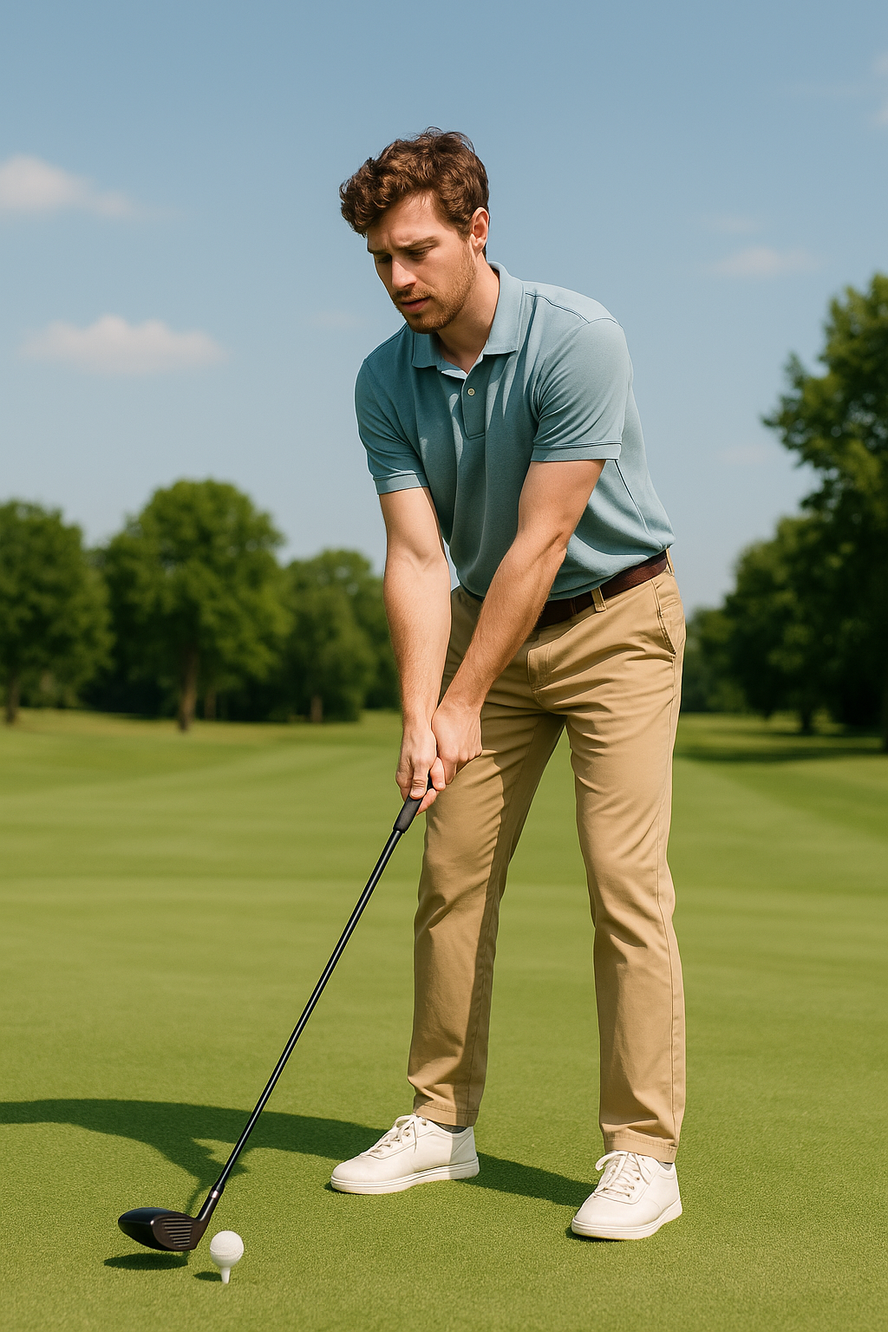 "Beginner golfer preparing to tee off on a sunny golf course, demonstrating proper grip and stance"