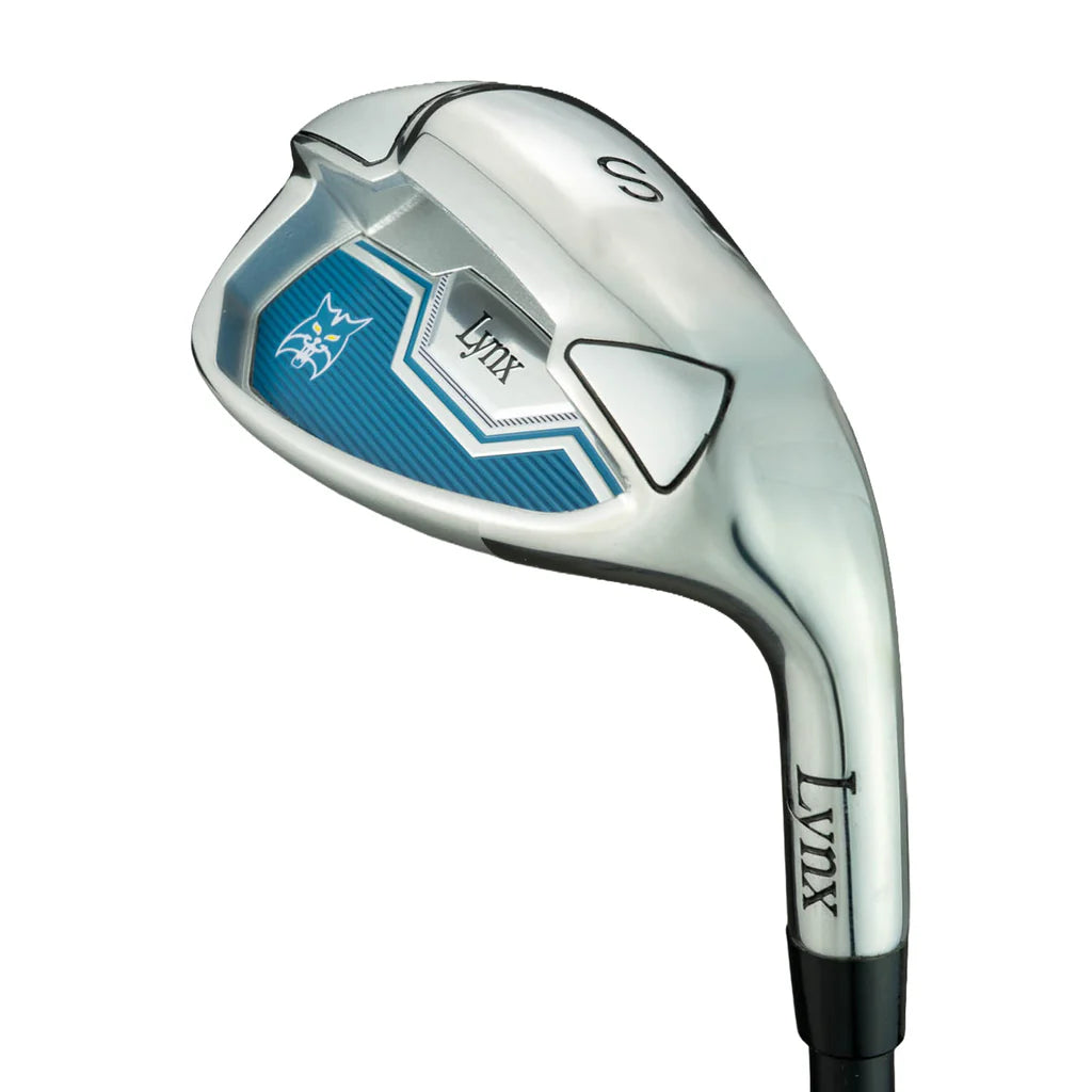Lynx Boom Boom Set close-up of a hybrid club head with blue face and Lynx branding on a white background
