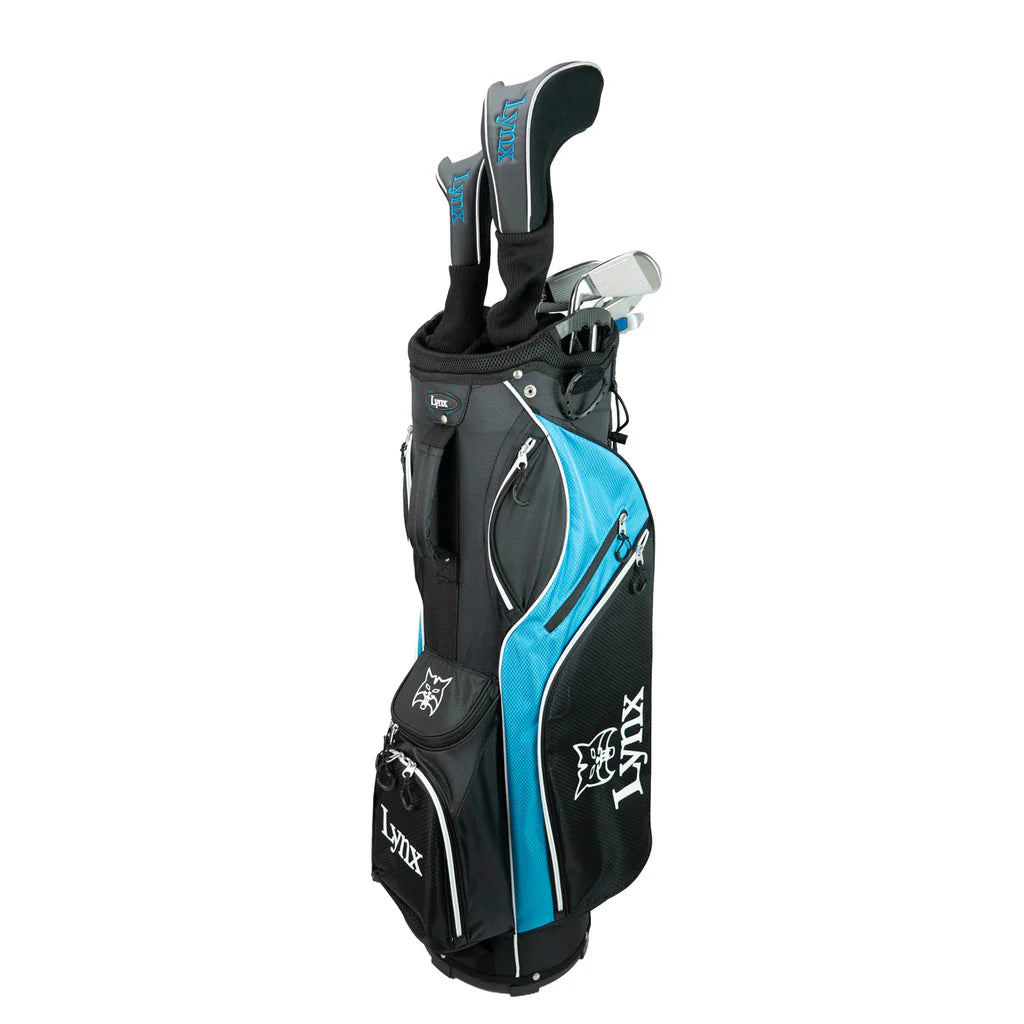 Lynx Boom Boom golf club set with clubs stored in a black and teal stand bag on a white background