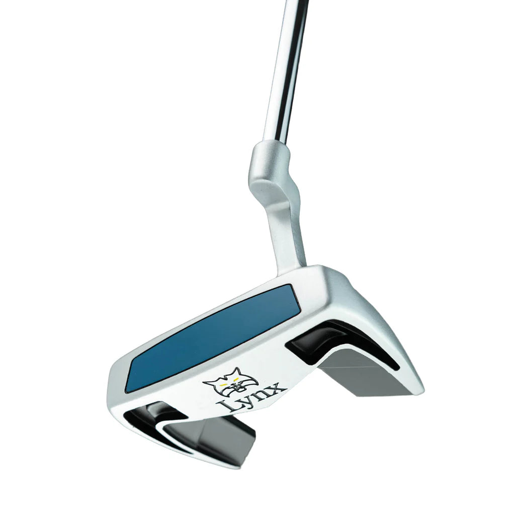Lynx Boom Boom Set close-up of the mallet putter head with blue face insert on a white background