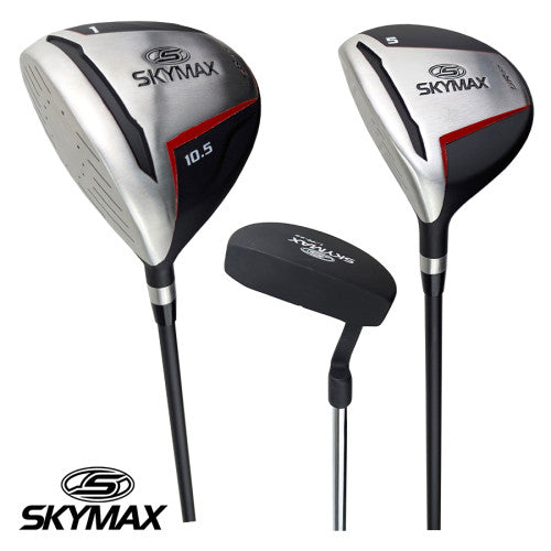 Skymax Mens MRH steel driver, fairway wood, and putter heads on a white background