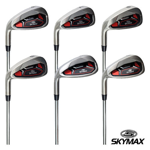 Skymax Mens MRH steel irons with red accents arranged on a white background