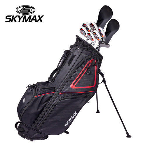 Skymax Mens MRH steel golf club set with clubs loaded in a black stand bag with red trim