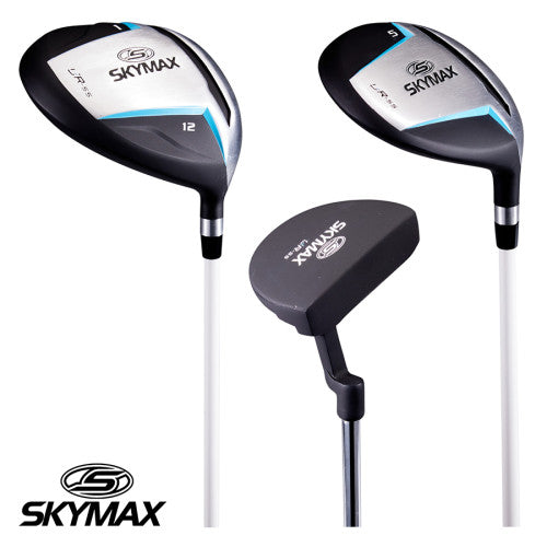 Skymax Ladies LRH steel driver, fairway wood, and putter heads on a white background