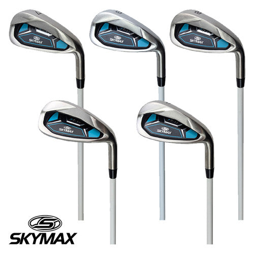 Skymax Ladies LRH steel irons with blue accents arranged on a white background