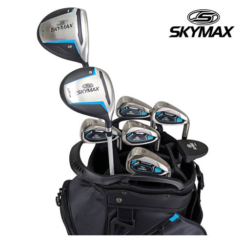 Skymax Ladies LRH steel golf club set with blue accents in a matching black stand bag
